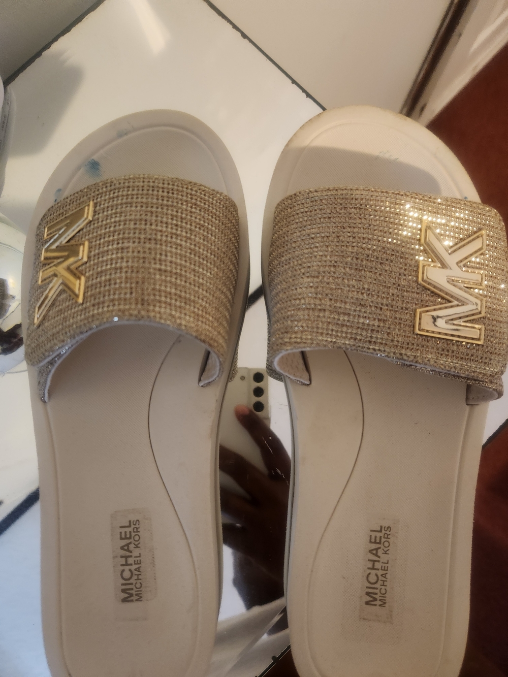 MICHAEL Michael Kors Glitter Gold Logo Slide Sandals